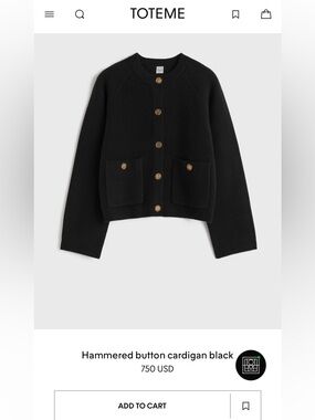 Toteme Women Hammered
Button Cardigan Black L